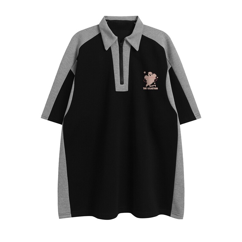 白底 ins新款潮流印花拼色宽松情侣短袖Polo衫 DT321 P45控68图片
