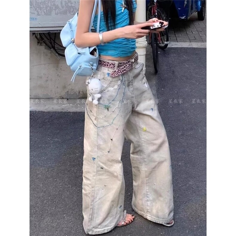 链条蕾丝印花牛仔裤女夏季泼墨设计脏染直筒阔腿裤显瘦百搭拖地裤，男装牛仔裤，星座506A