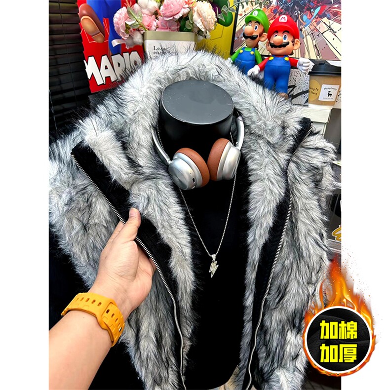 现货高品质美式高街重磅狼王座山雕毛毛领假两件棉衣加厚棉服外套，男装棉衣，电商A486-1