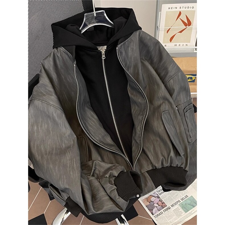 JK8539-P77 美式复古飞行员夹克假两件pu皮衣外套男女潮高级感图片