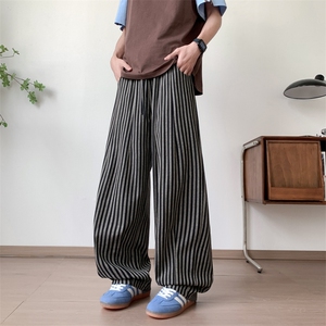 美式松弛感竖条纹休闲裤男女夏季慵懒风垂感直筒裤弯刀阔腿拖地裤图片