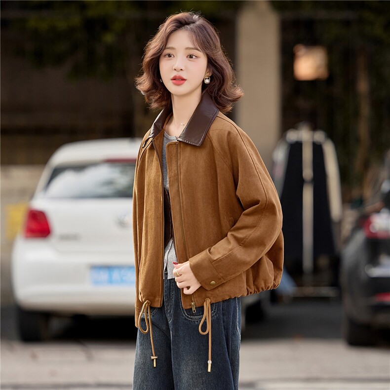 麂皮绒夹棉外套女2025冬季新款小个子棉服女翻领撞色帅气百搭外套,女装棉衣/棉服,梦懿尔