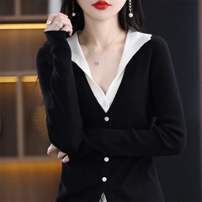 法式减龄假两件长袖针织开衫女修身显瘦撞色毛衣精纺柔软上衣春秋图片