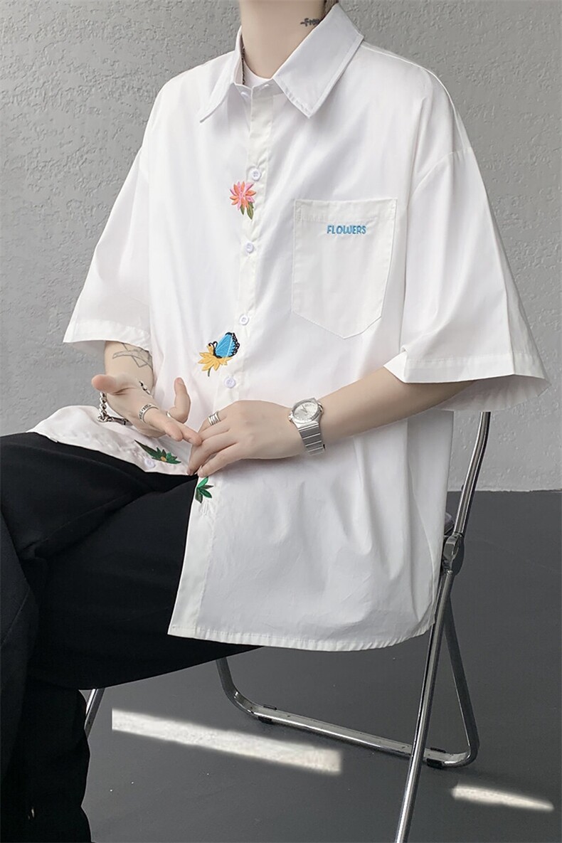 设计感重工花卉刺绣短袖衬衫高级大码美式痞帅衬衣外套DC5011/P45,男装衬衫,电商B238