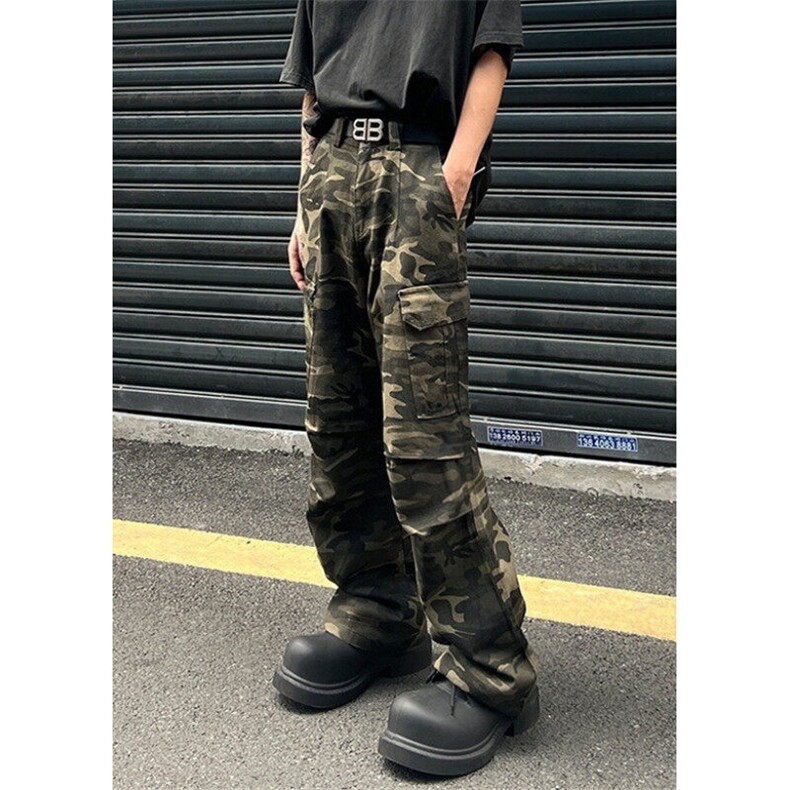 复古半松紧长裤多口袋迷彩工装裤男女宽松直筒微喇休闲裤K61,男装工装外套,星座1116A（原606A-3）