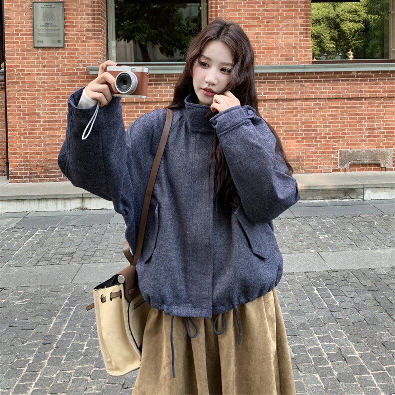 休闲宽松蓝色毛呢外套女秋冬2025新款小个子独特漂亮流行大衣,女装毛呢外套,2C159