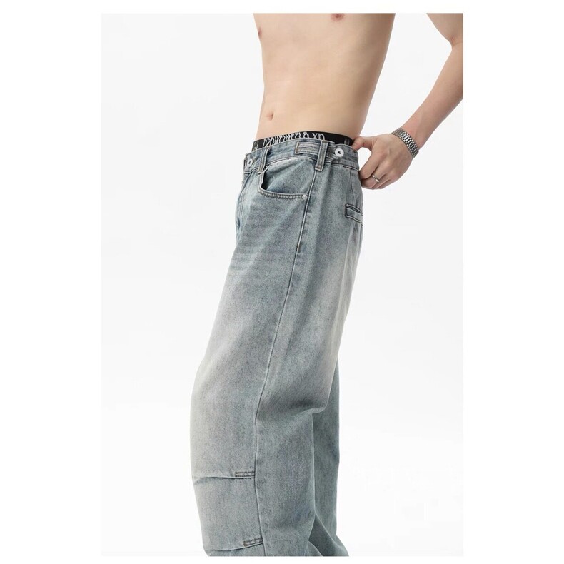 网图美式设计感打褶牛仔裤男街vintage水洗直筒宽松裤NZ017-P65，男装牛仔裤，星座1001-1