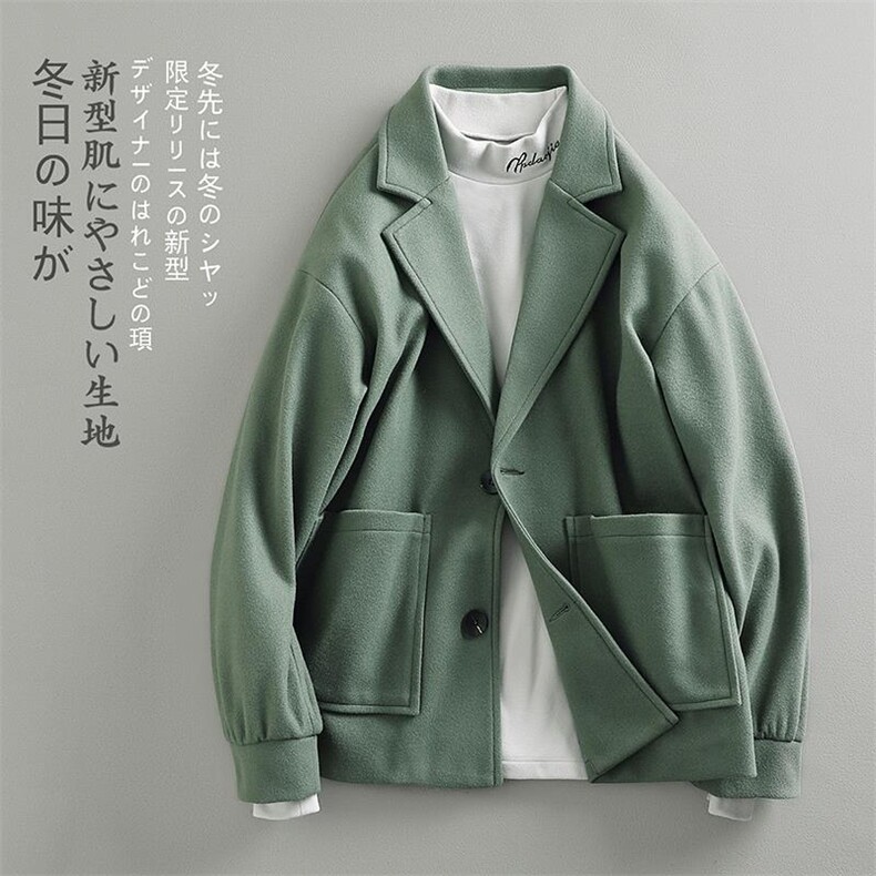 秋新港风大口袋单排扣西装领呢料夹克男大码毛呢大衣外套J555-P80,男装毛呢大衣,电商A082
