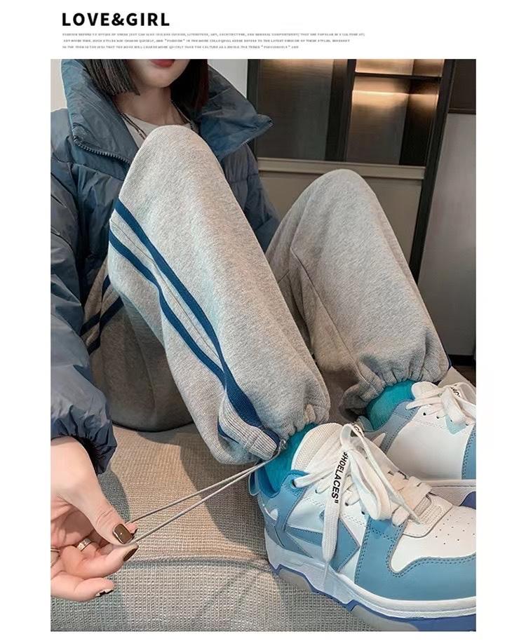 新款侧条纹休闲抽绳高街ins潮显瘦百搭休闲裤,女装休闲裤,L·H·X