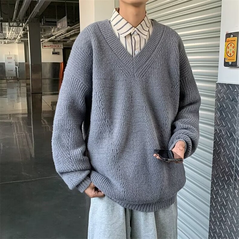 日系慵懒风V领套头针织衫男秋冬季复古纯色宽松休闲毛线衣7358,男装针织衫/毛衣,星座506