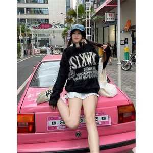 大字母仿貂毛美拉德毛衣男宽松套头款美式复古毛针织衫 MY134图片