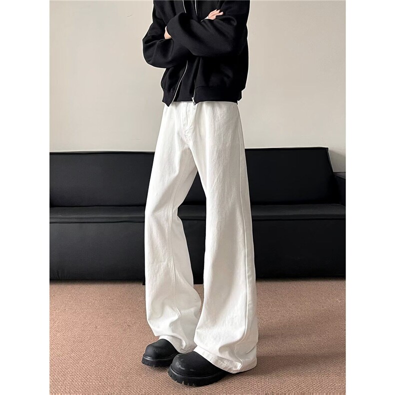美式复古白色牛仔裤男女春秋潮牌基础弯刀色直筒裤宽松微喇长裤，男装休闲裤，星座1013