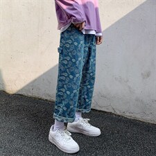 2021港风外景白墙宽松休闲直筒裤九分牛仔裤满印腰果花N8053-P55，男装牛仔裤，电商A001