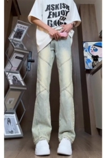 美式vibe风裤子高个子加长浅蓝色拼接牛仔裤男高街修身直筒微喇裤，男装牛仔裤，电商A247C