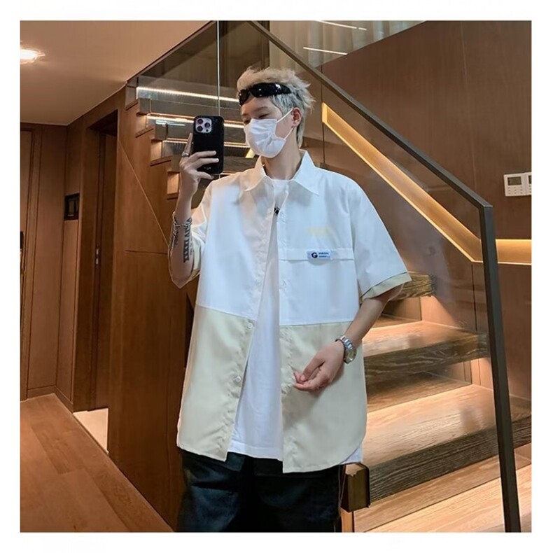 衬衫短袖男士夏季薄款休闲港风五分半袖衬衣宽松寸衣工装外套,男装衬衫,星座1013