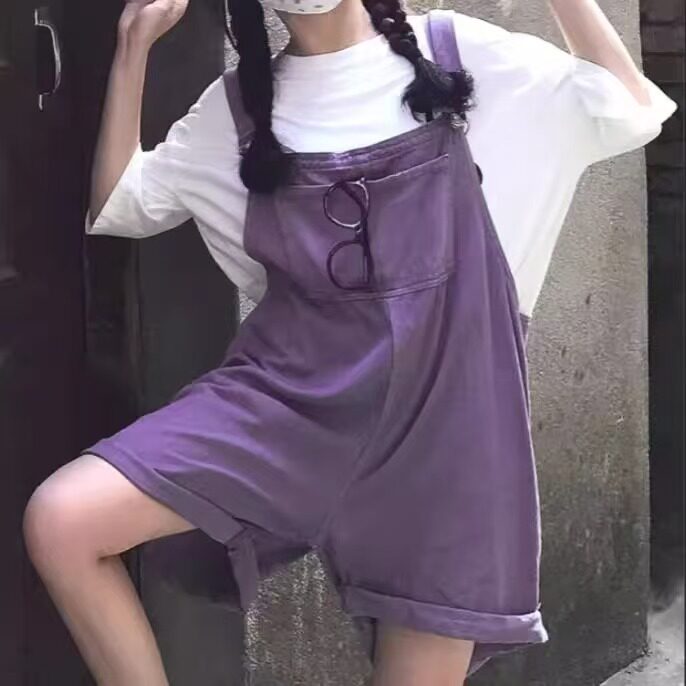 紫色牛仔背带短裤女夏季高腰直筒小个子减龄阔腿五分连体裤ins潮,男装牛仔裤,星座506A