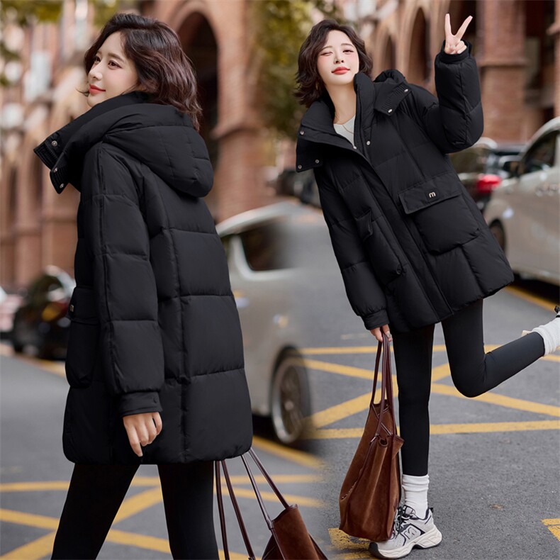 立领连帽羽绒服女中长款2024冬季新款宽松休闲加厚保暖面包服外套,女装羽绒服,悦祺