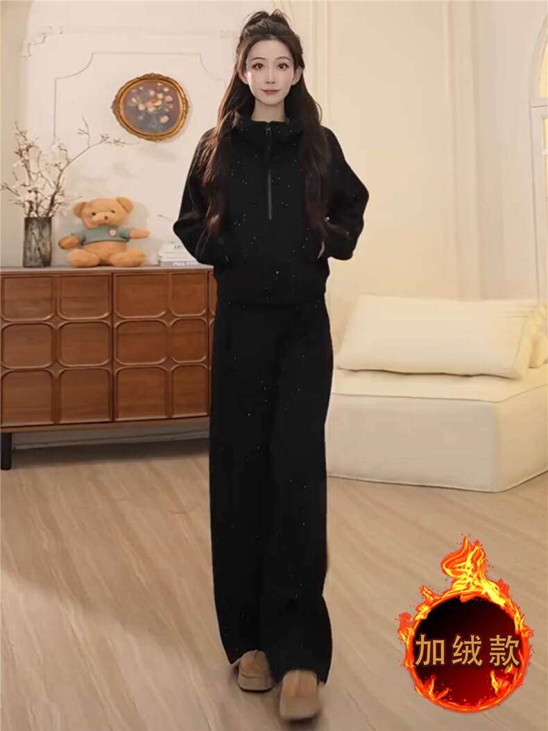 韩系简约运动套装女秋冬新款双口袋拉链开衫连帽卫衣直筒裤两件套,女装套装/套裙,江南