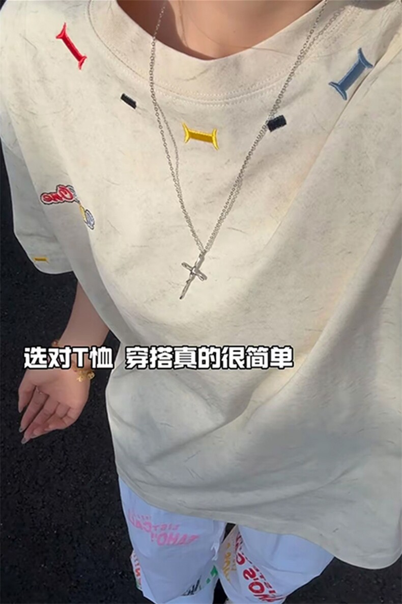 美式重磅做旧绣花短袖t恤圆领宽松半袖情侣上衣T3684-特价P35,男装T恤,电商A007