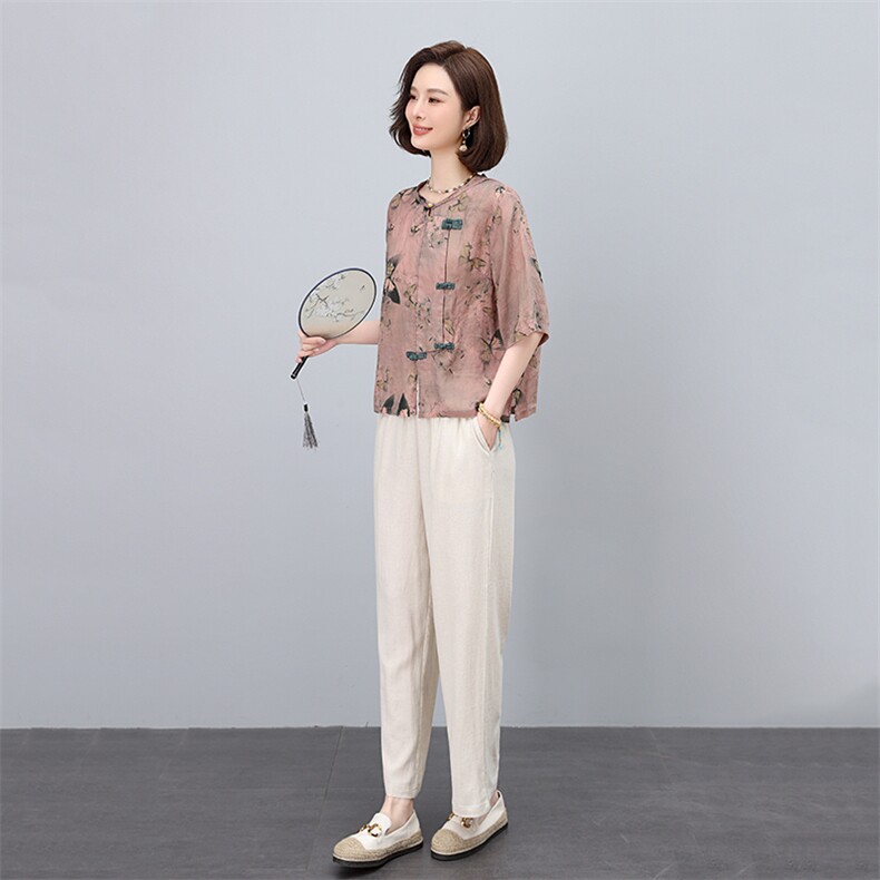 中式复古盘扣苎麻印花2025年夏装新款高端面料套装,女装套装/套裙,凝聚力