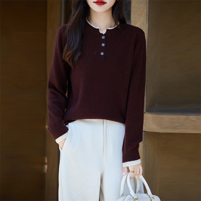 秋冬半开圆领羊毛衫女时尚百搭拼接毛衣拼色针织打底上衣，女装羊毛衫，鹿一羊绒