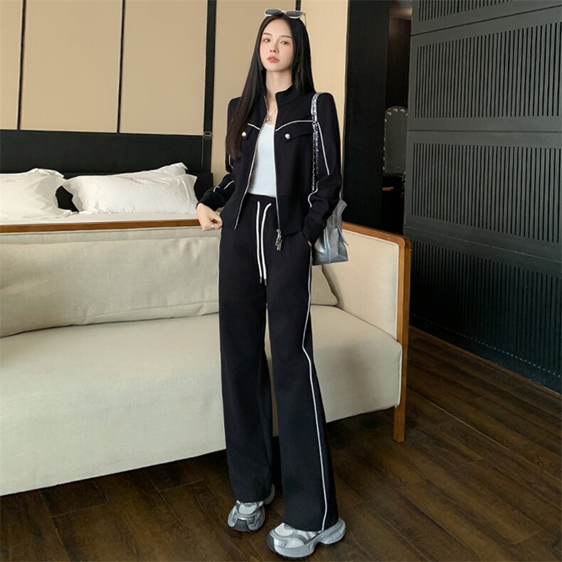 女春季新款拉链开衫上衣阔腿裤两件套装,女装套装/套裙,江南