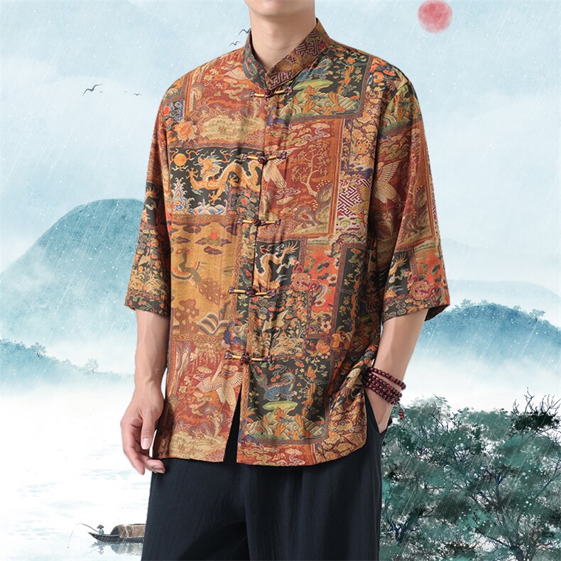 男士衬衫五分袖衬衣中袖印花立领唐装风XZ1512-2605-P45,男装T恤,星座1512