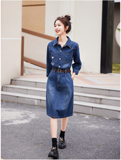 时尚显瘦牛仔连衣裙女长袖气质修身A字裙新款韩版百搭学生裙子，女装连衣裙，秋水欣儿