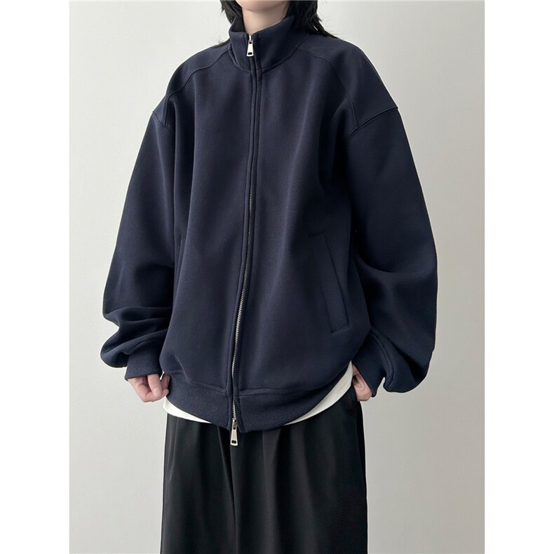 日系复古纯色开衫卫衣男女重磅宽松休闲立领短外套WY511-P66图片