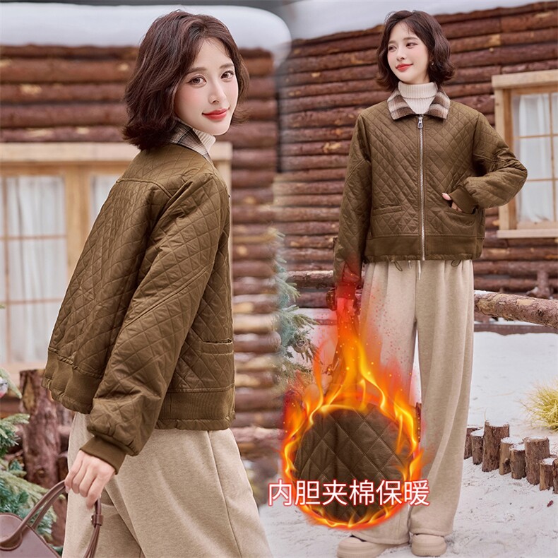 2024冬装新款假两件格子领夹棉短外套,女装棉衣/棉服,梦芯尔