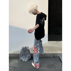 【网图】蕾丝拼接微喇牛仔裤直筒美式高街hiphop裤子NZK14LL-P65，男装牛仔裤，星座1007（原301D）