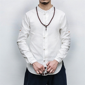 风春装棉麻大码衬衣男士休闲长袖立领复古盘扣衬衫 M107-P50图片