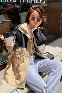 高级感撞色拼接连帽中长款冲锋衣外套女2024春秋新款时尚工装风衣,女装风衣,菡迪欧娜