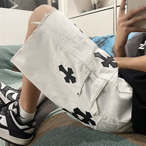 十字架工装牛仔短裤男夏季设计感五分裤潮牌ins休闲裤 K3424-P47图片