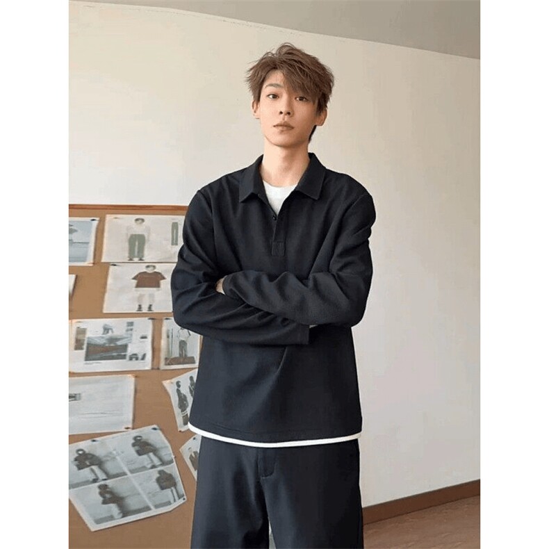 抖音得物高品质二开230克精梳珠地光版纯色宽松长袖T恤翻领POLO衫，男装T恤，电商A486