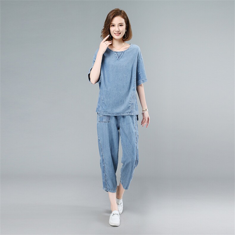 2021夏季新款简约时尚个性气质圆领拼接水洗牛仔套装,女装套装/套裙,叶笙衣