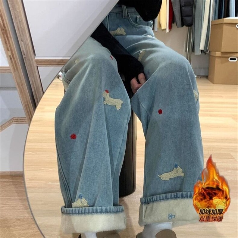 腊肠狗刺绣加绒加厚直筒牛仔裤女秋冬新款保暖高腰显瘦阔腿裤,男装牛仔裤,星座506A