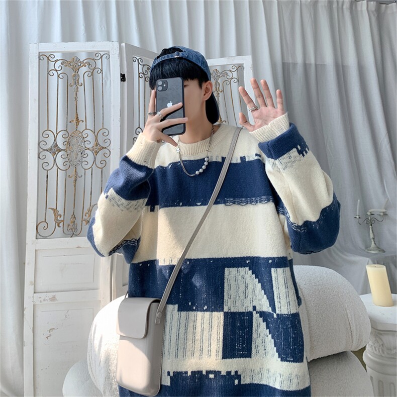 M6136/P65秋冬新款针织衫男学生潮流宽松毛衣男外套大码毛线衣男图片