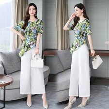 时尚欧洲站印花两件套装潮女2021夏季修身阔腿裤套装，女装套装/套裙，魅影