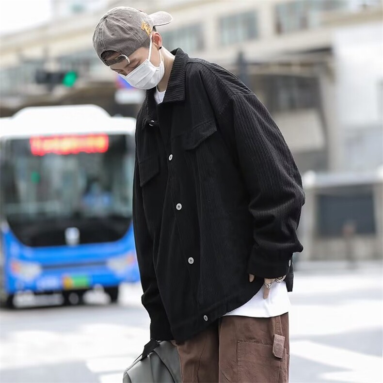 日系复古灯芯绒外套男士2024春秋季新款宽松休闲百搭翻领工装夹克图片