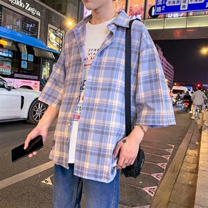 C323格子短袖衬衫百搭小清新文艺衬衣潮蓝色调翻领防晒衫外套学生图片