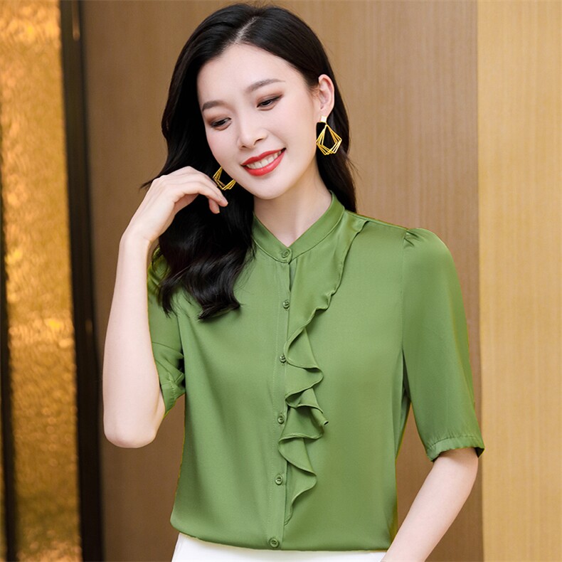 夏装红色真丝衬衫短袖女士荷叶边洋气衬衣气质通勤桑蚕丝上衣小衫,女装衬衫,阿舍尔精品