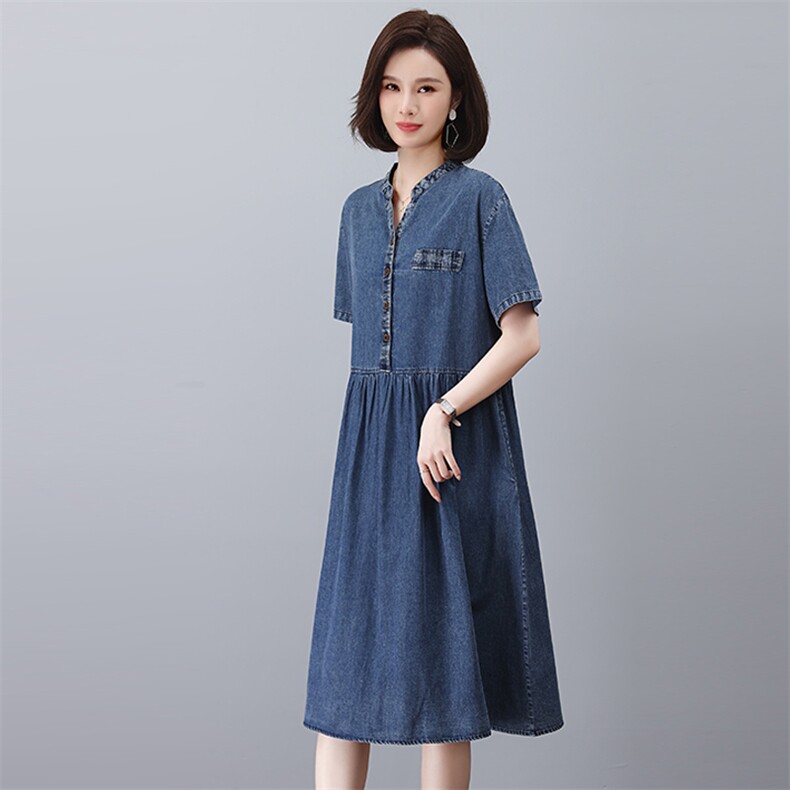 时尚显瘦牛仔连衣裙夏季休闲百搭A字裙,女装连衣裙,悦见她