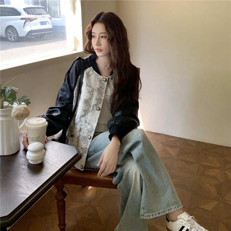 拉链中式纽扣棒球服常规女秋季短款时尚外套小众韩版春秋牛仔时尚,女装皮衣,2C057
