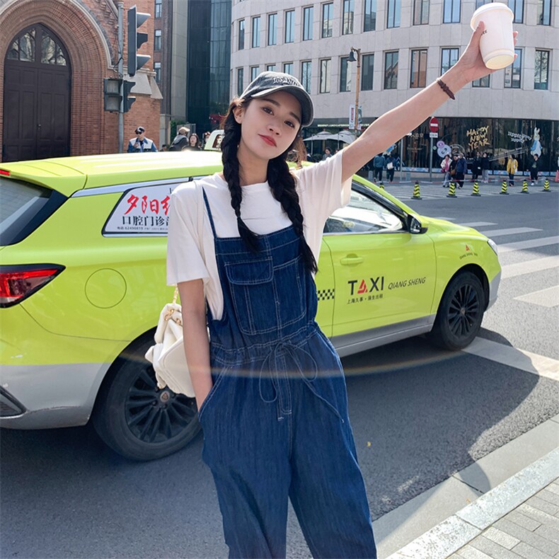 深蓝夏收腰牛仔背带裤女小个子高腰宽松直筒长裤新款时尚，女装连体裤，辉之琳