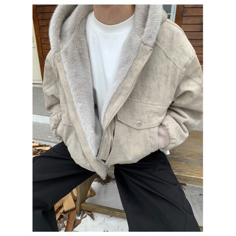 美式复古拼毛皮外套男痞帅连帽美式工装夹克棉衣棉服,男装夹克,四季星座505