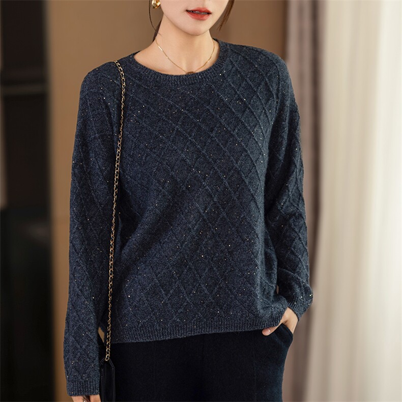 2024秋冬新款山羊绒七针圆领菱形编织羊绒衫，女装羊绒衫，咔绒特
