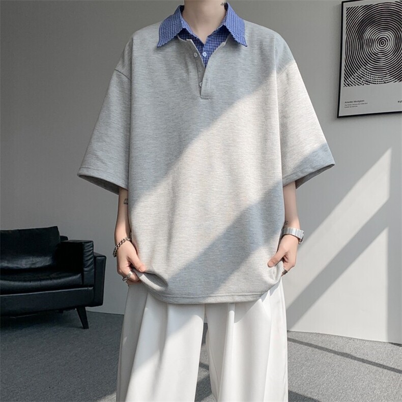 8XL-M格纹拼接假两件短袖t恤大码美式重磅polo翻领半袖DX1218/P48,男装T恤,电商B238