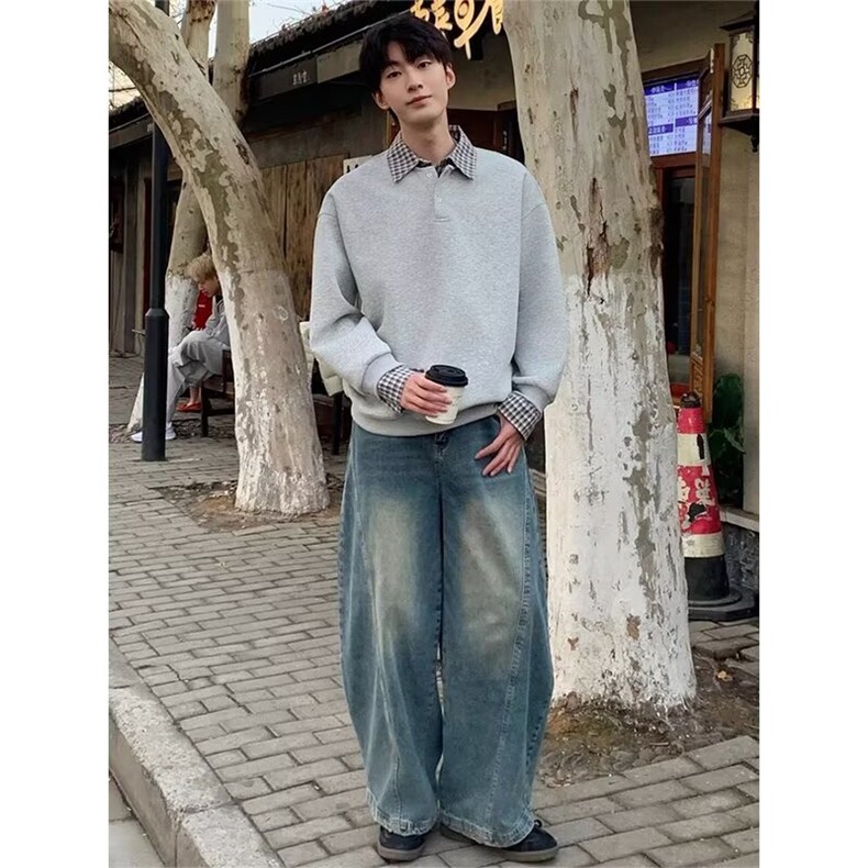 美式复古格子polo领卫衣男春秋新款宽松学院风情侣假两件长袖T恤,男装Polo衫,电商C233