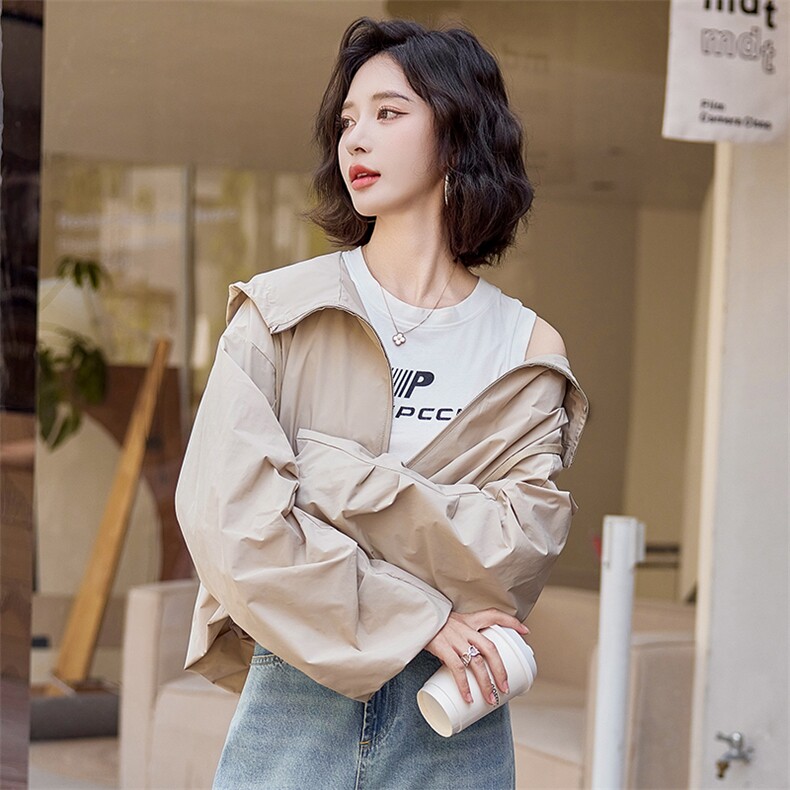 主推现货款2025春装新款气质韩版大码连帽宽松休闲短款风衣女,女装风衣,苗苗